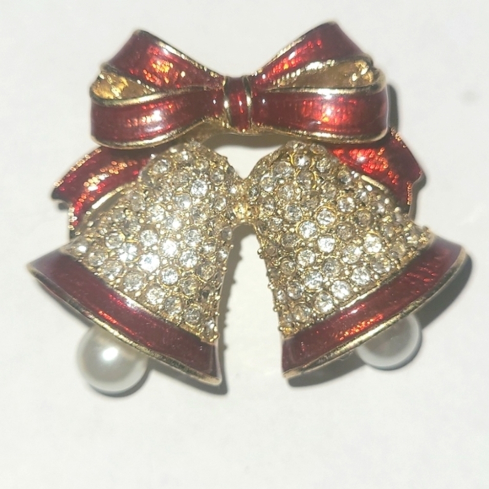 Kim Rogers Christmas Bells Brooch Red Gold Enamel Crystal Bow Holiday Jewelry NW